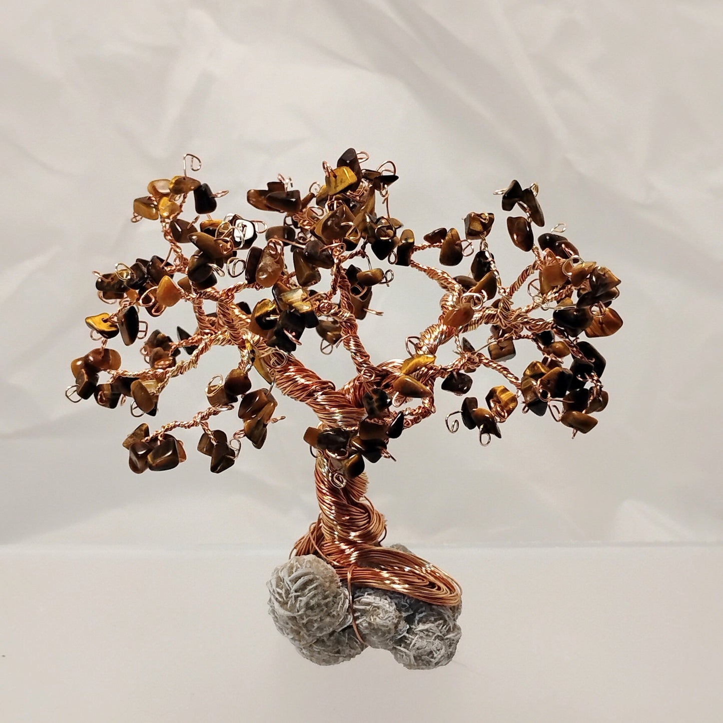 Tiger Eye Gemstone & Wire Tree on Desert Rose Crystal Base