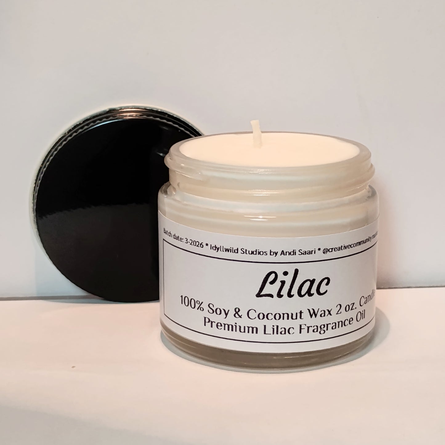 Lilac Soy–Coconut Candle | 2 oz Clear Jar w/ Black Lid
