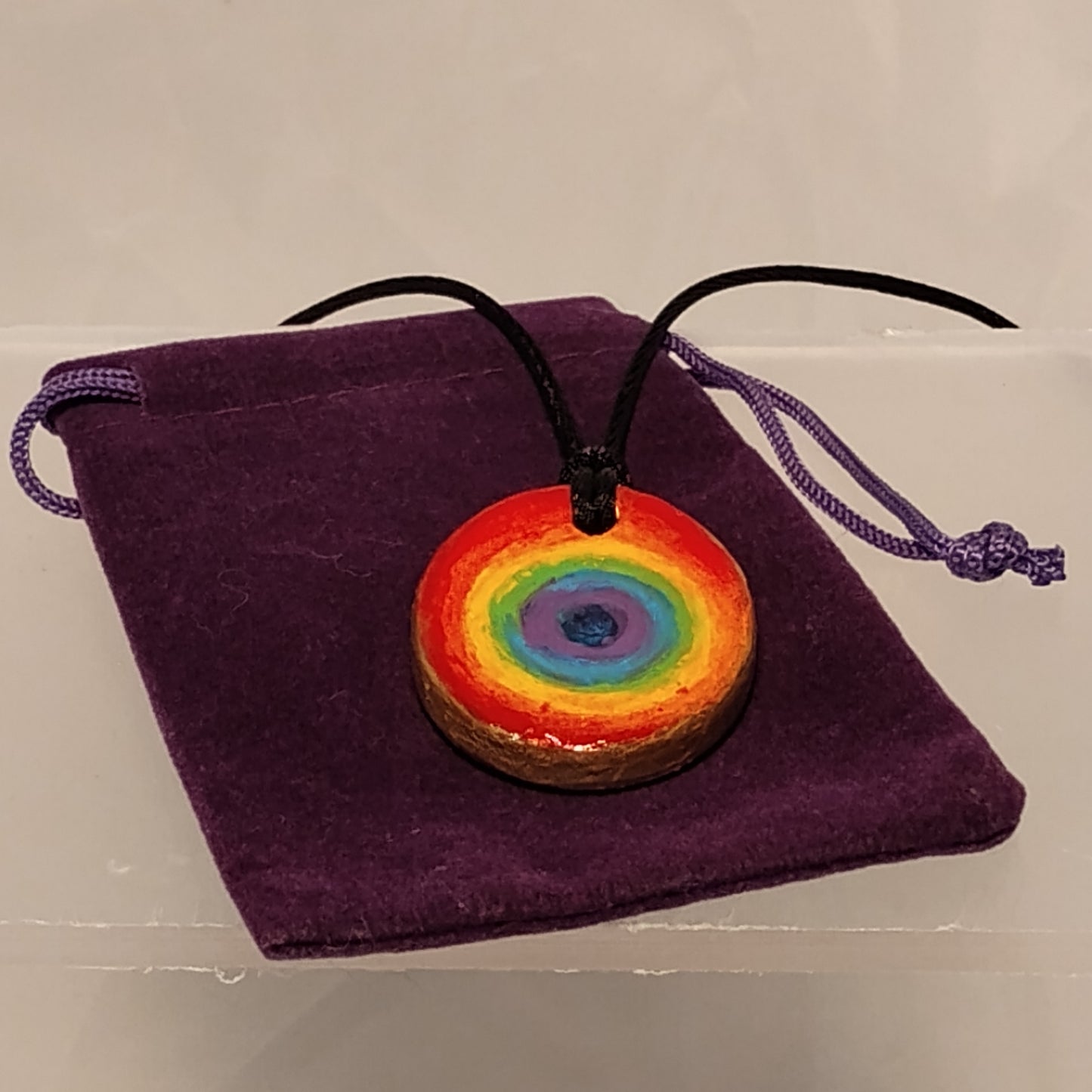 Rainbow Pendant Necklace | Hand painted with Black Satin Cord Necklace and Purple Velvet Mojo Bag