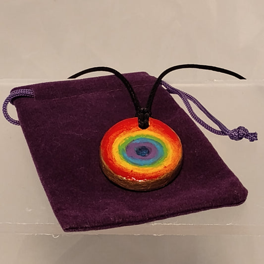 Rainbow Pendant Necklace | Hand painted with Black Satin Cord Necklace and Purple Velvet Mojo Bag