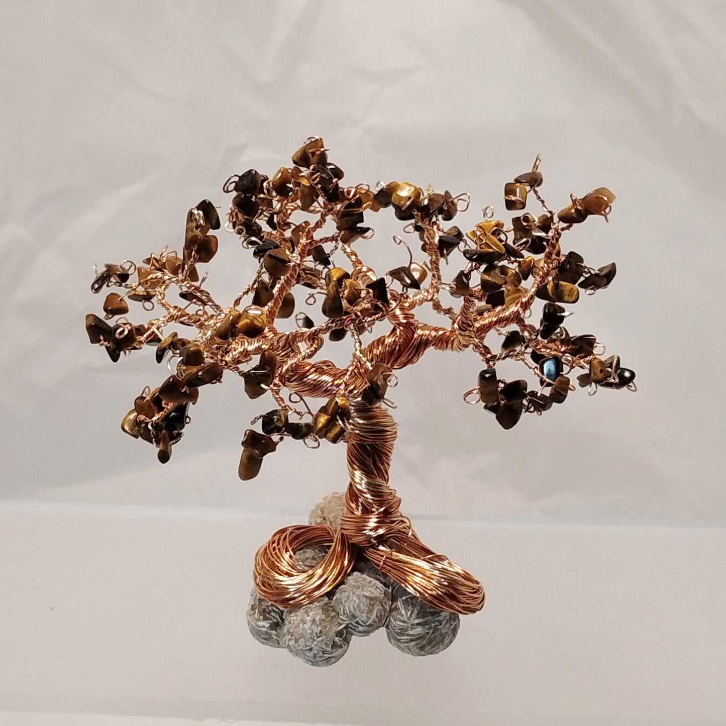 Tiger Eye Gemstone & Wire Tree on Desert Rose Crystal Base