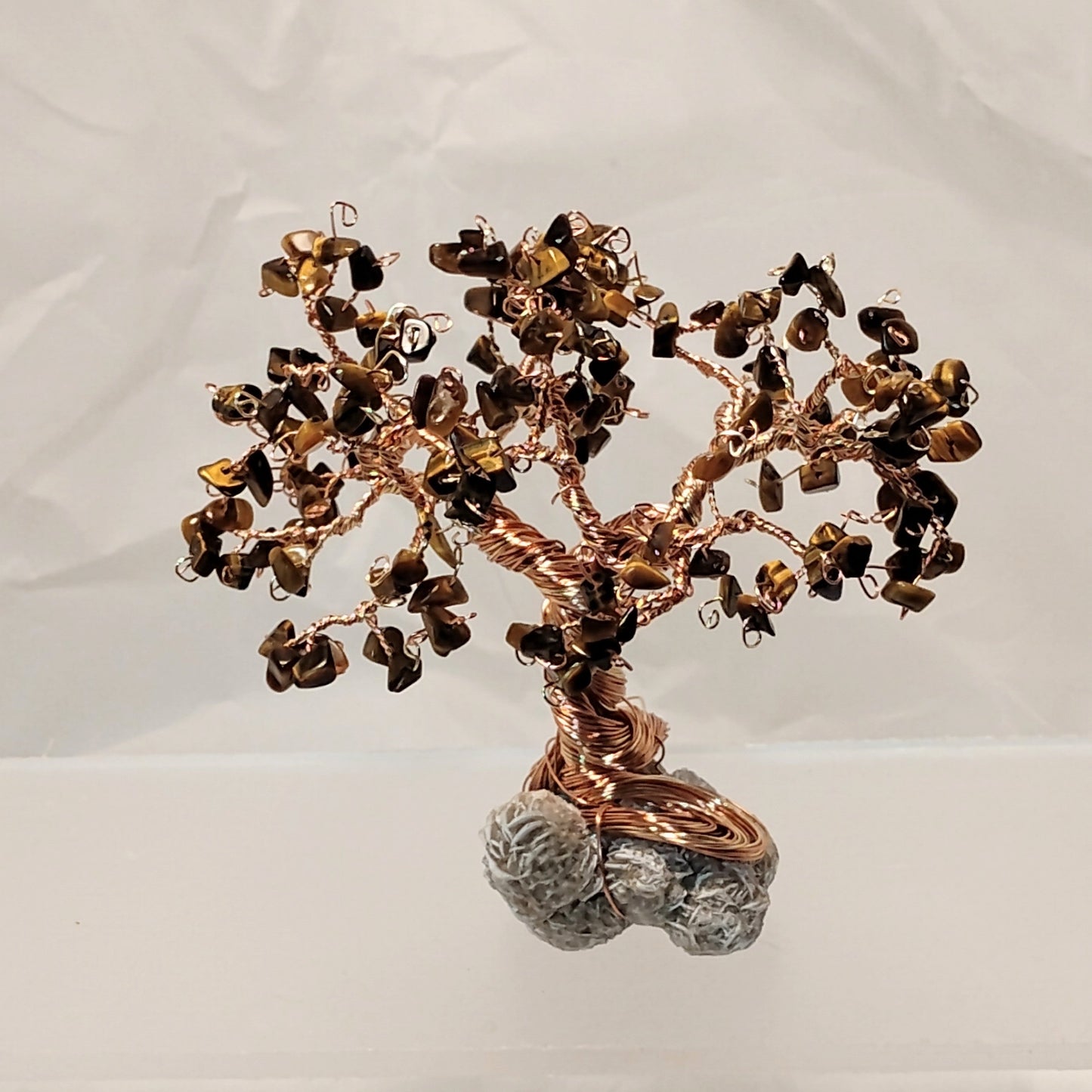 Tiger Eye Gemstone & Wire Tree on Desert Rose Crystal Base