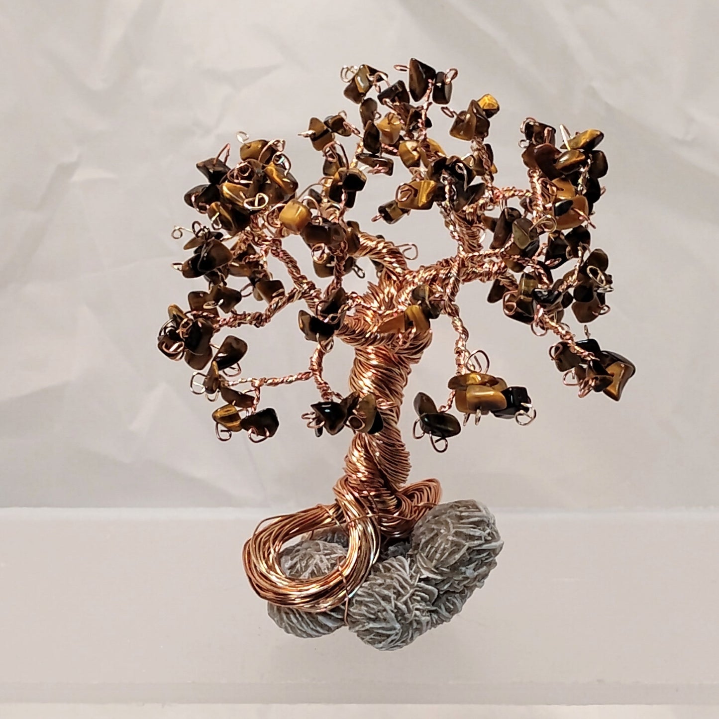 Tiger Eye Gemstone & Wire Tree on Desert Rose Crystal Base