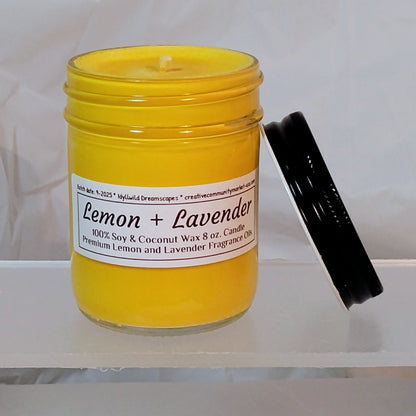 Lemon + Lavender Soy-Coconut Candle | 8 oz. Clear Jar w/ Black Lid